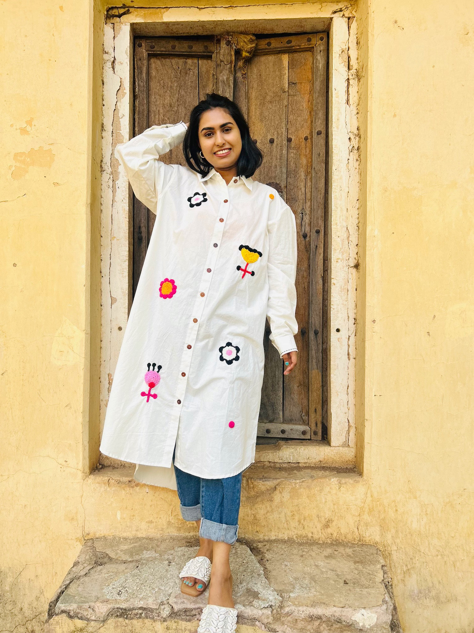 BYASH BASANTI Ivory Khadi Embroidered Shirt Dress